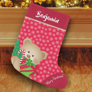 Christmas Teddy Bear with Gift and Snowflakes, Red Small Christmas Stocking