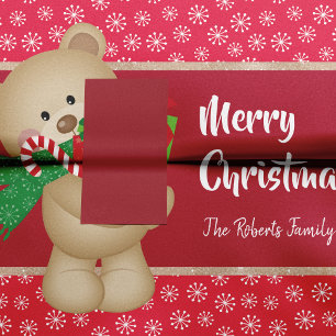 Christmas Teddy Bear with Gift and Snowflakes, Red Tissue Paper
