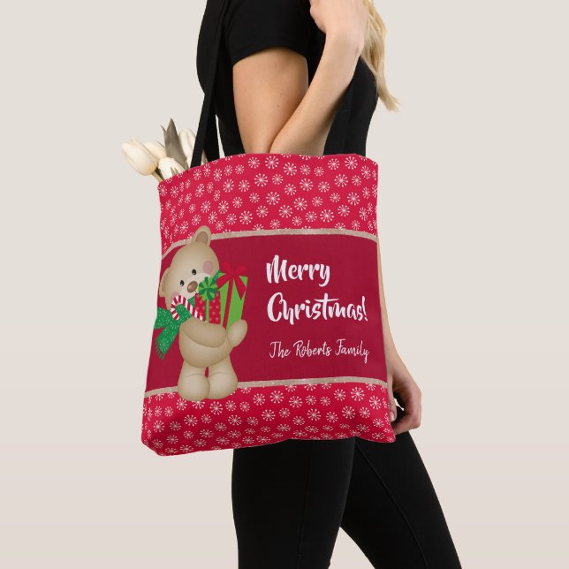 Christmas Teddy Bear with Gift and Snowflakes, Red Tote Bag (Close Up)