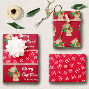 Christmas Teddy Bear with Gift and Snowflakes, Red Wrapping Paper Sheet