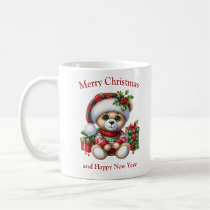 Christmas teddy bear with presents and mistletoe coffee mug