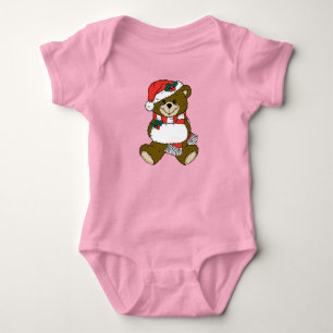 Christmas Teddy Bear with Santa Hat and White Muff Baby Bodysuit