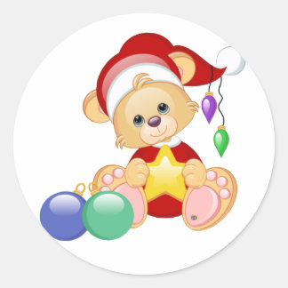 Christmas Teddy Bear with Star Classic Round Sticker