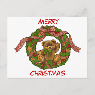 Christmas Teddy Bear Wreath Holiday Postcard