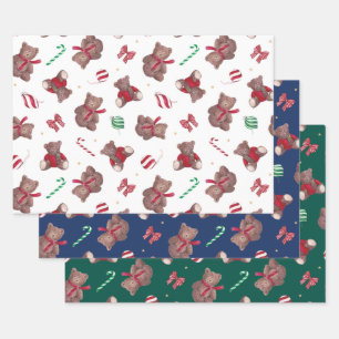 Christmas Teddy Bears Baubles Bows Wrapping Paper Sheet