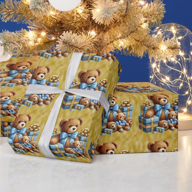 Christmas Teddy Bears In Blue and Brown Wrapping Paper (Holidays)
