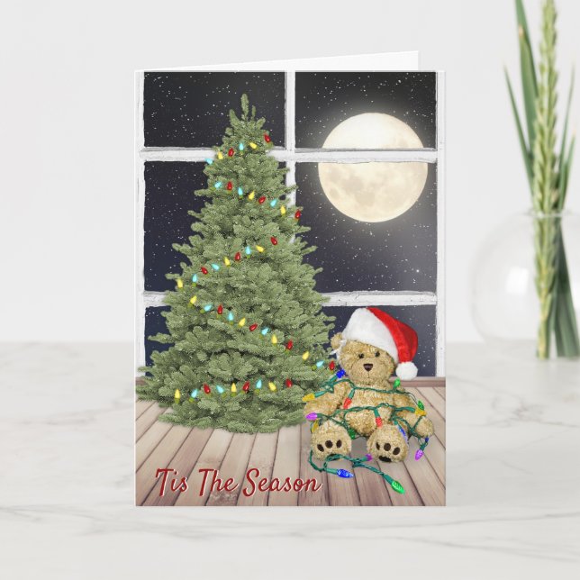 Christmas Teddy Bears In Holiday Lights and Moon Card (Front)
