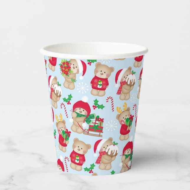 Christmas Teddy Bears in Red and Green Paper Cups (Front)