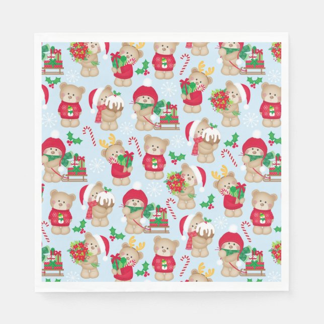 Christmas Teddy Bears in Red and Green Paper Napkin (Front)