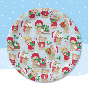 Christmas Teddy Bears in Red and Green Paper Plate
