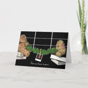 Christmas teddy bears in window holiday card