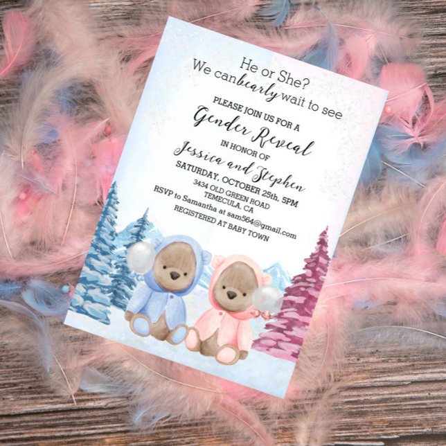 Christmas Teddy Bears Pink Blue Gender Reveal  Invitation (Creator Uploaded)
