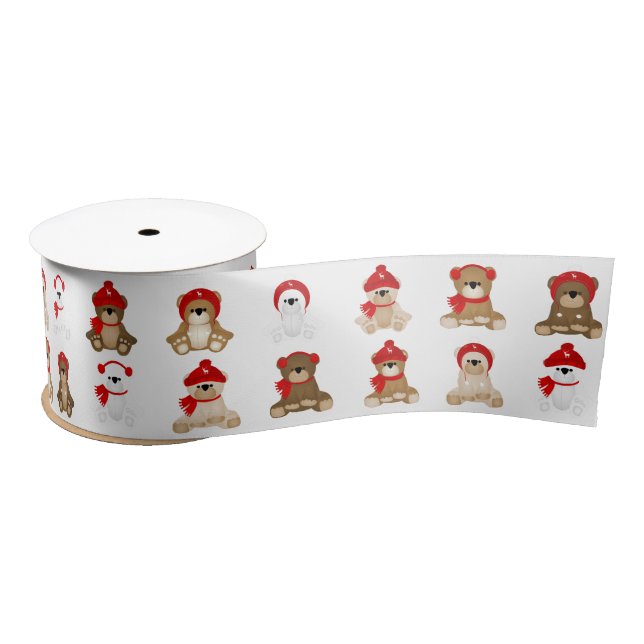 Christmas Teddy Bears Winter Hats Satin Ribbon (Spool)