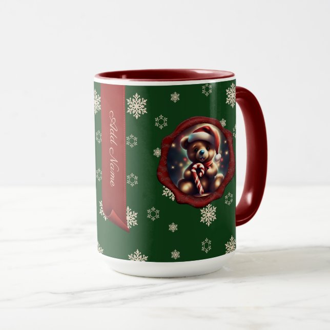 Christmas Teddy Candy Personalised Banner Green Mug (Front Right)