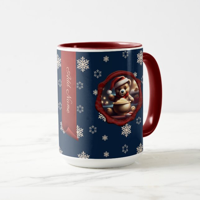 Christmas Teddy Porridge Personalised Banner Blue Mug (Front Right)