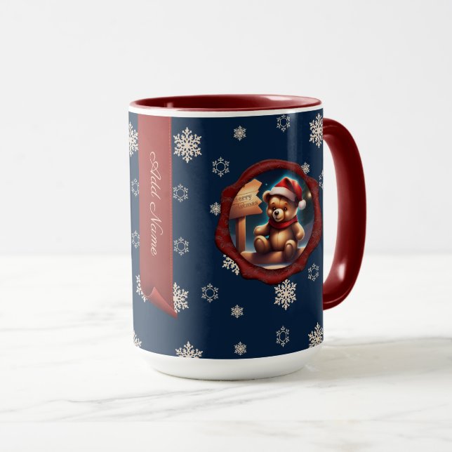 Christmas Teddy Sign Personalised Banner Blue Mug (Front Right)