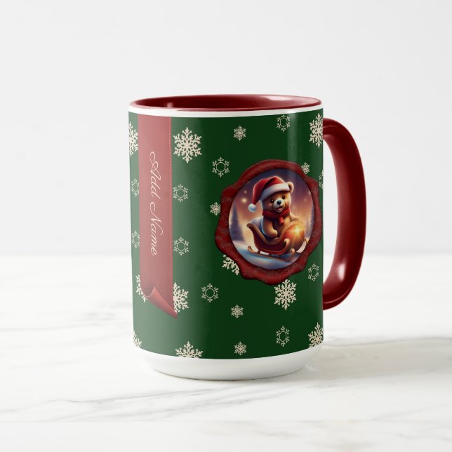 Christmas Teddy Sleigh Personalised Banner Green Mug (Front Right)