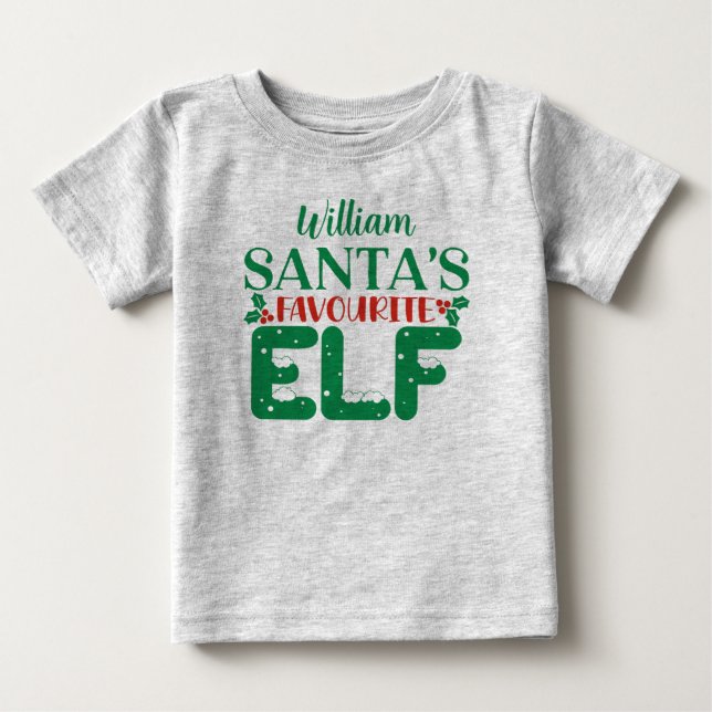 Christmas tee Santa's Favourite Elf. Editable name (Front)