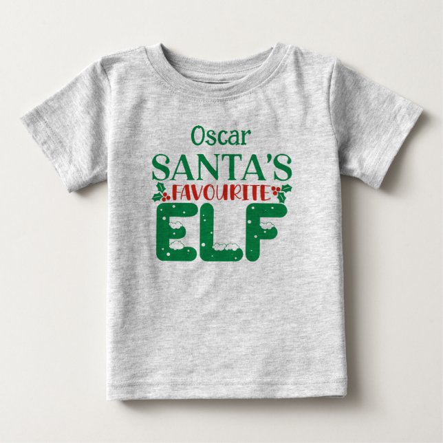 Christmas tee Santa's Favourite Elf. Editable name (Front)