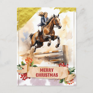 Christmas Teen Girl Riding Horse Over Jump Postcard