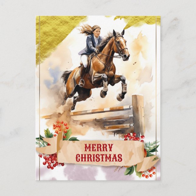 Christmas Teen Girl Riding Horse Over Jump Postcard (Front)