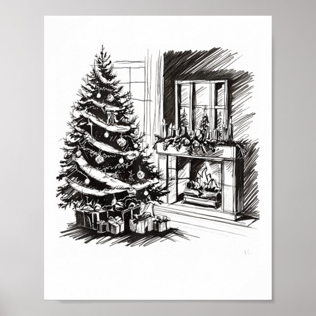 Christmas Tees Xmas Sketch Pic Tree Presents Gifts Poster (Front)