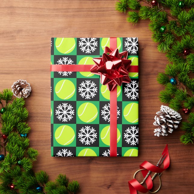 Christmas Tennis Ball and Snowflake Black & Green Wrapping Paper (Holiday Gift)