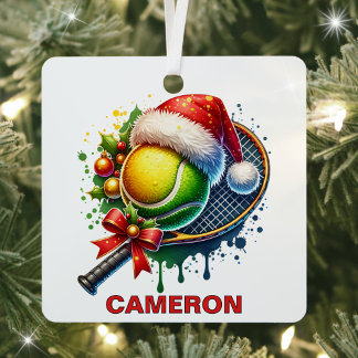 Christmas Tennis Ball & Racket Custom Name Metal Tree Decoration