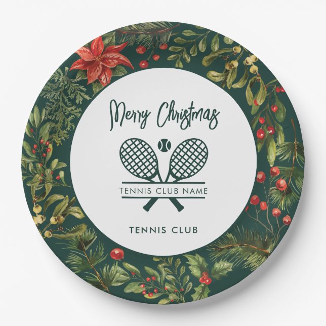 Christmas Tennis Club Name Botanical Holidays Paper Plate (Front)