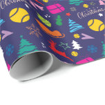 🎄Christmas 🎾tennis navy blue Wrapping Paper<br><div class="desc">🎄Christmas 🎾tennis navy blue wrapping paper roll. Colourful Christmassy icons and yellow tennis ball on dark blue background.</div>