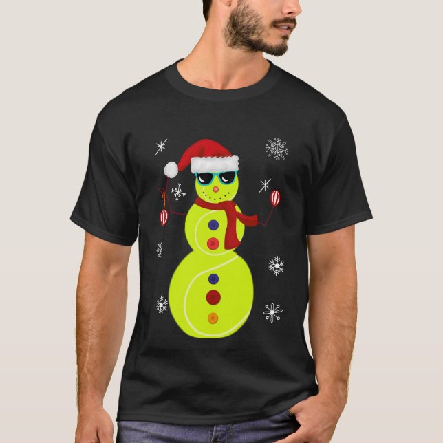 Christmas Tennis Snowman Santa Hat Gift T-Shirt (Front)