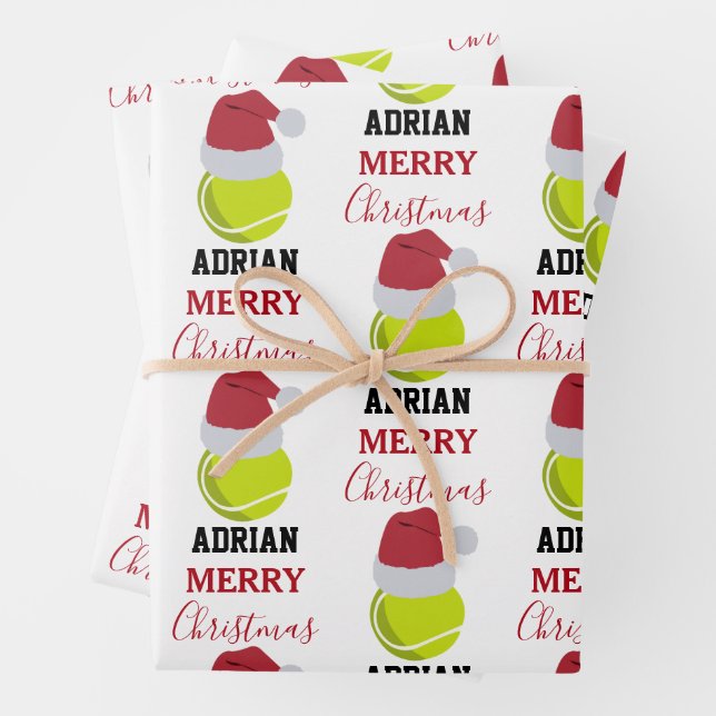 Christmas Tennis Sports Ball Custom Name Wrapping Paper Sheet (In situ)