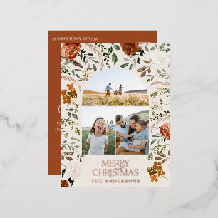 Christmas terracotta botanical elegant 3 photo foil holiday postcard