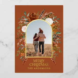 Christmas terracotta floral photo elegant rustic foil holiday card