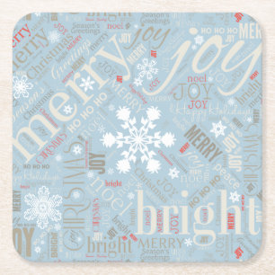 Christmas Text and Snowflake Pattern Blue ID257 Square Paper Coaster