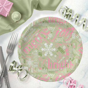 Christmas Text and Snowflake Pattern Pink ID257 Paper Plate