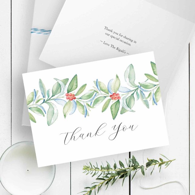 Christmas Thank You Cards Watercolor Greenery (Christmas thank you cards features watercolor holiday botanicals in shades of red and green, )