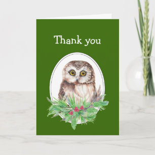 Christmas Thank you Cute Owl Bird Holly Card