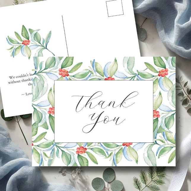 Christmas Thank You Postcard (Christmas thank you postcard watercolor foliage and berries art by Victoria Grigaliunas DoTellABelle)
