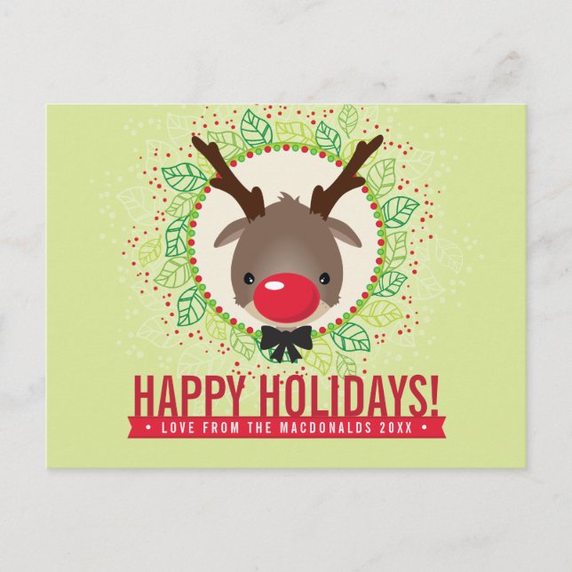 CHRISTMAS THANKS wreath red nose reindeer rudolph Holiday Postcard (Front)