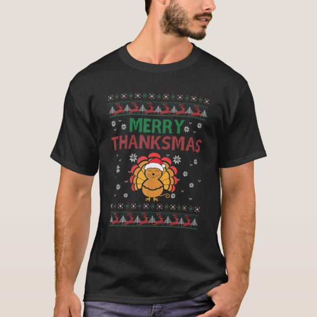 Christmas Thanksgiving Turkey Cat Satan Hat Funny T-Shirt (Front)