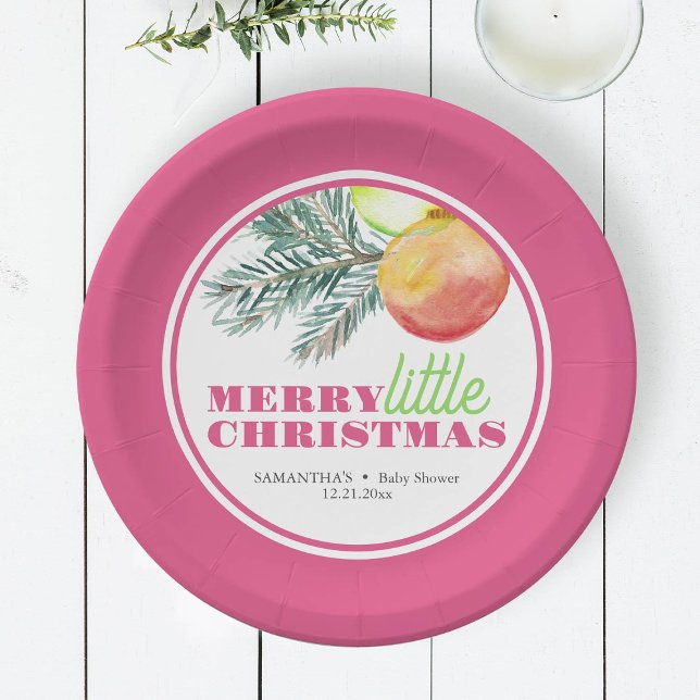 Christmas Theme Baby Shower Paper Plates (Pink Christmas plates features watercolor bauble and pine art by Victoria Grigaliunas DoTellABelle)