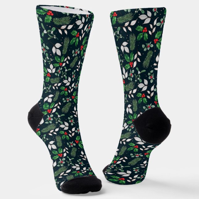 Christmas Theme Holly, Mistletoe, Red Berries Socks (Angled)