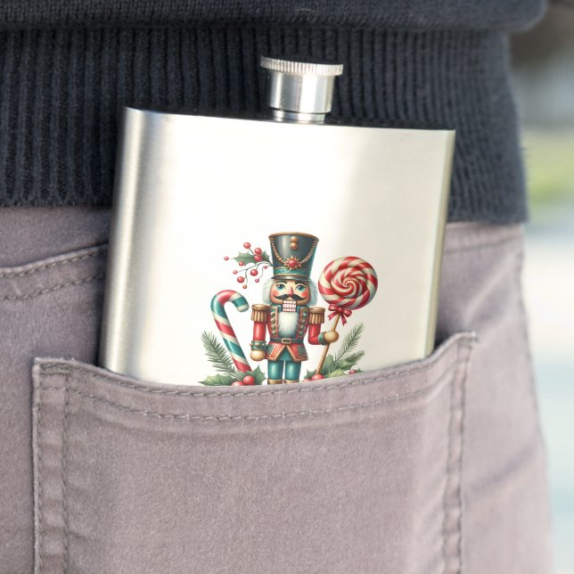 Christmas Theme Nutcracker Candy Cane Custom Text Hip Flask (In Situ)