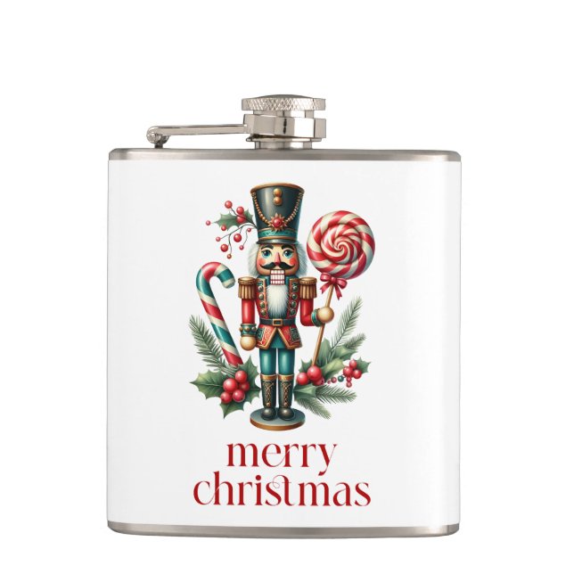 Christmas Theme Nutcracker Candy Cane Custom Text Hip Flask (Front)