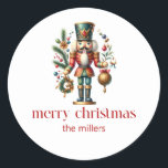 Christmas Theme Nutcracker Retro Typography 2 Classic Round Sticker<br><div class="desc">This festive Christmas-themed design features a beautiful Nutcracker and a Merry Christmas red retro typography.
Personalizable family name.</div>