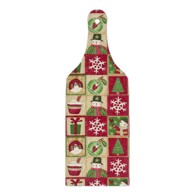 Christmas Theme Snowman Snowflakes Red Green Gold Cutting Board (Front)