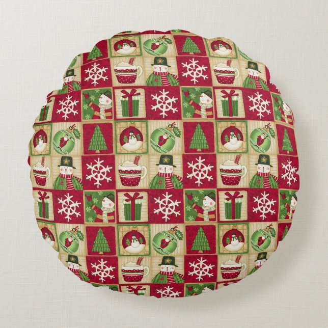 Christmas Theme Snowman Snowflakes Red Green Gold Round Cushion (Front)
