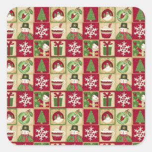 Christmas Theme Snowman Snowflakes Red Green Gold Square Sticker