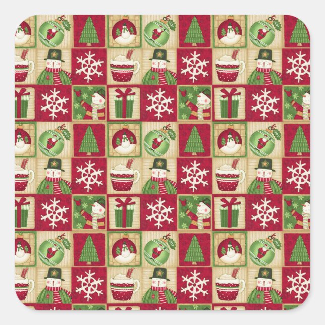 Christmas Theme Snowman Snowflakes Red Green Gold Square Sticker (Front)